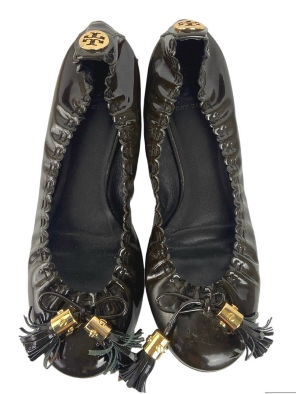 Tory Burch Myra Scrunch Flats 7 M Matte Black Leather Tassels Gold Logo Flats